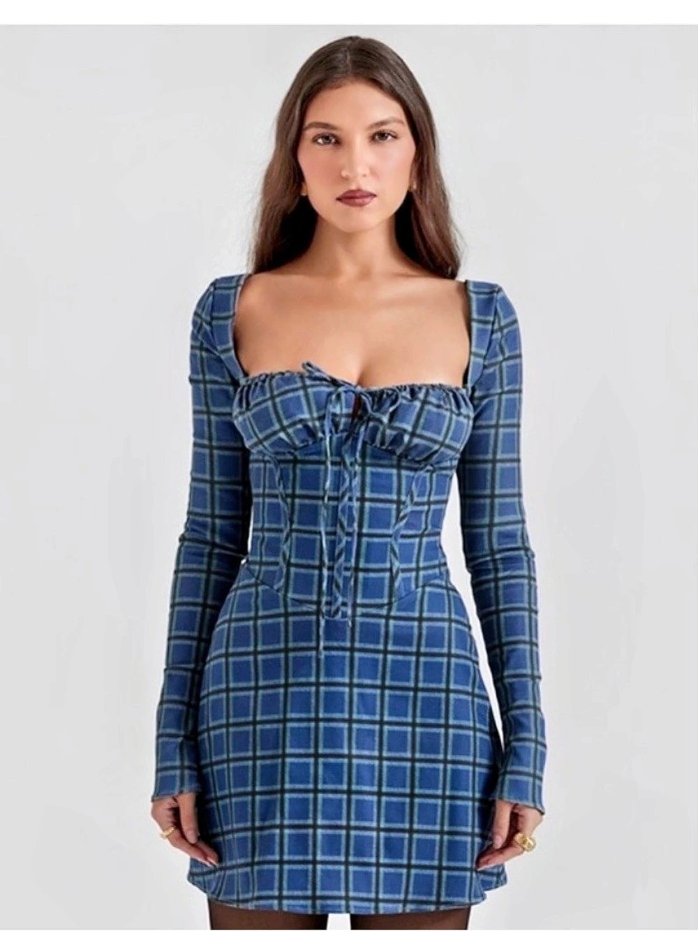 House of CB Malika Blue Tartan Corset Mini Dress Blue & Gray NWOT